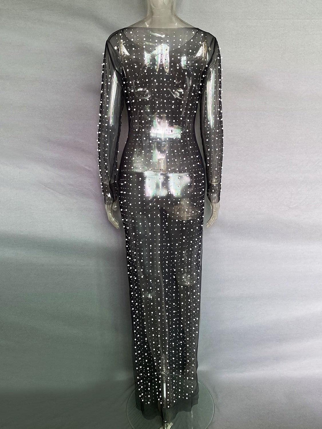 Beaded Mesh See Through Maxi Dress