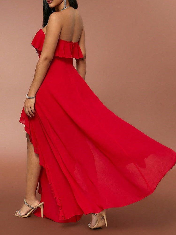Red Ruffle Tube Top V neck Flounce Backless Evening Dress Red Ruffle Tube Top V neck Flounce Backless Evening Dress