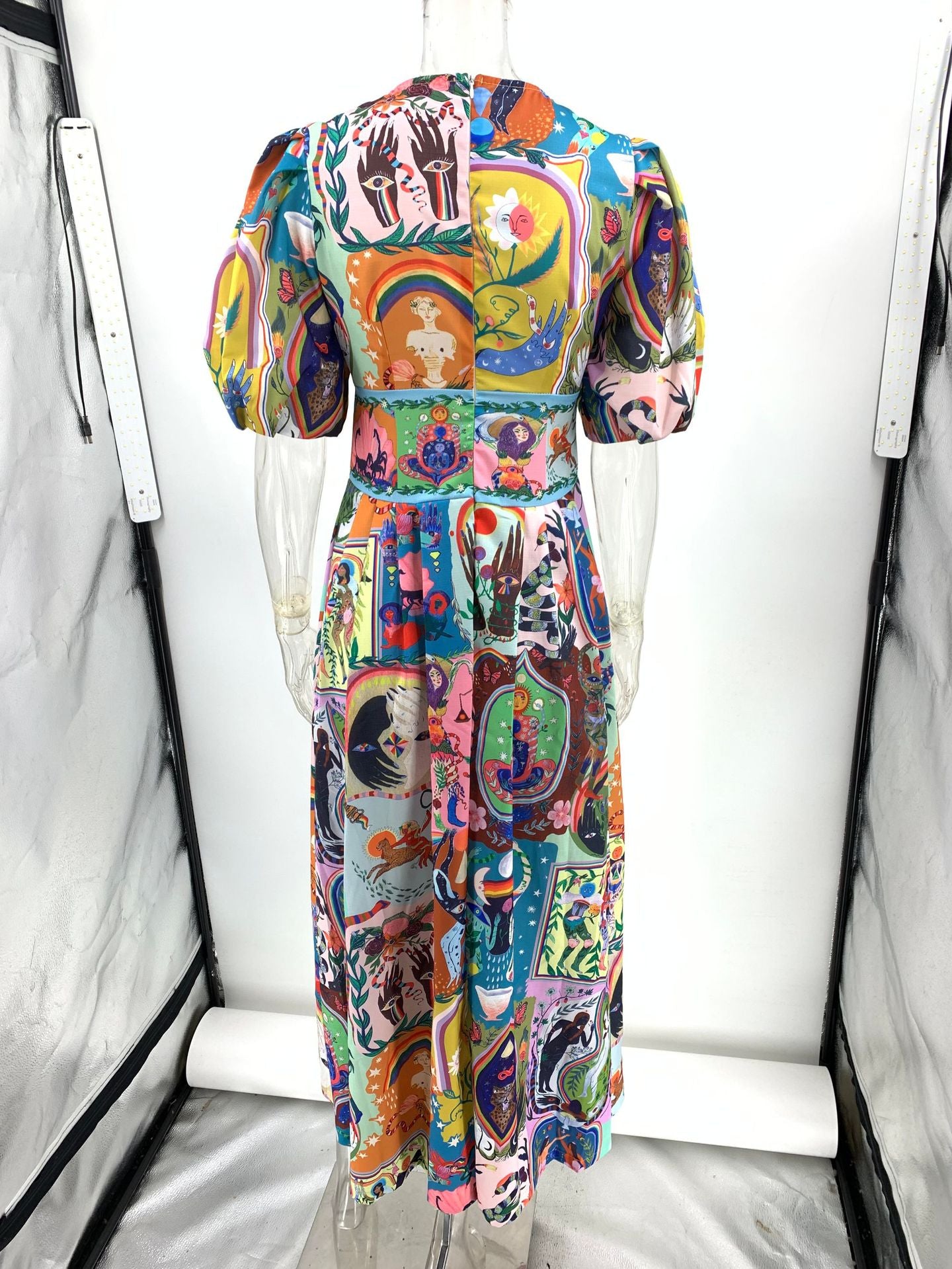 Linen Printed Pullover Short Sleeve V-neck Swing Dress