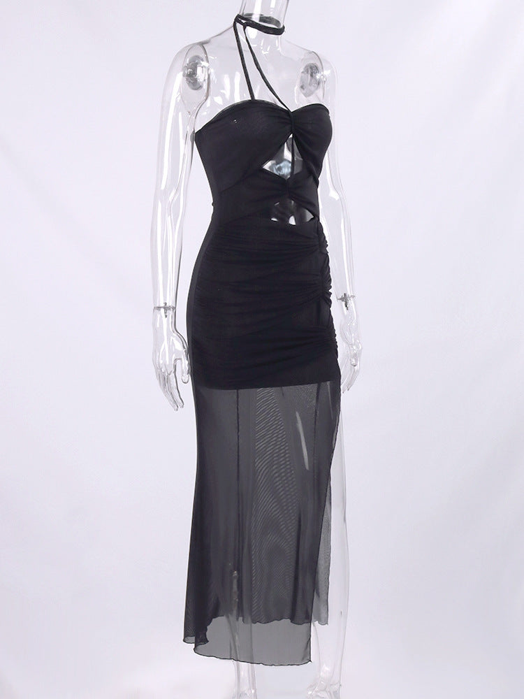 Mesh Hollow Out Cutout Backless See Through High Slit Maxi Dress