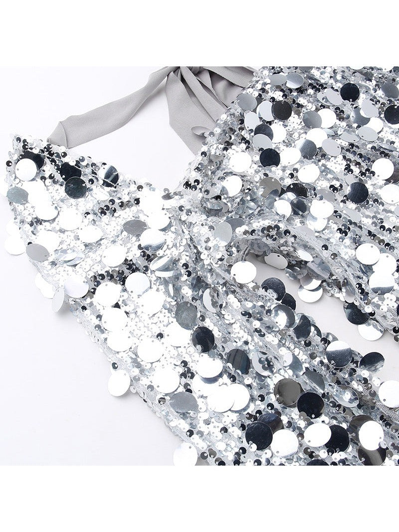 Square Neck Sequins Full Sleeve Backless Split Dress