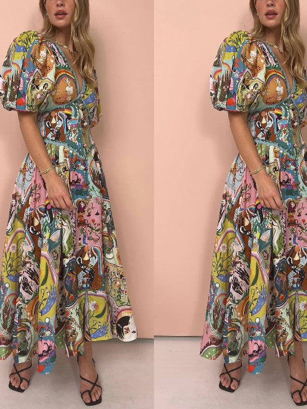 Linen Printed Pullover Short Sleeve V-neck Swing Dress