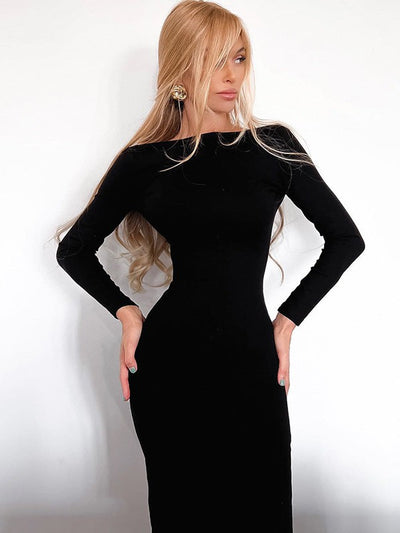 Full Sleeves Backless Pure Slit Midi Dress with Zipper