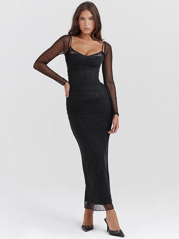 Halterneck See through Lace up Top & Long Slit Skirt Set