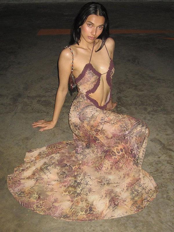 Cutout Suspender Ear Print Cropped Maxi Dress