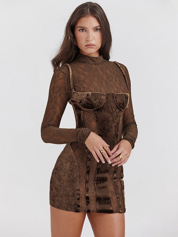 Velvet Patchwork Round Neck Long Sleeve Lace Dress