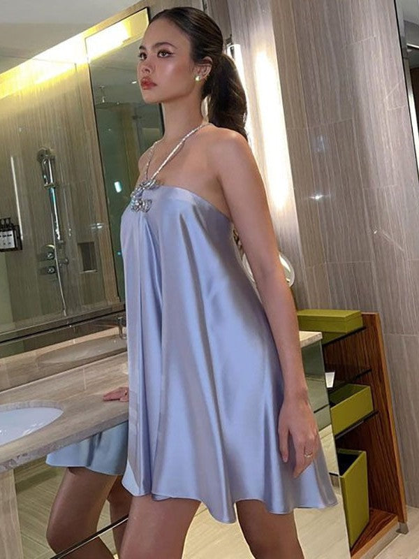 Rhinestone Halterneck Backless Tube Top Short Dress