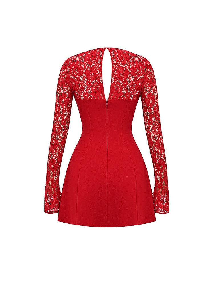 Square Neck Lace Stitching Long Sleeve Tied Chest Wrapped Dress