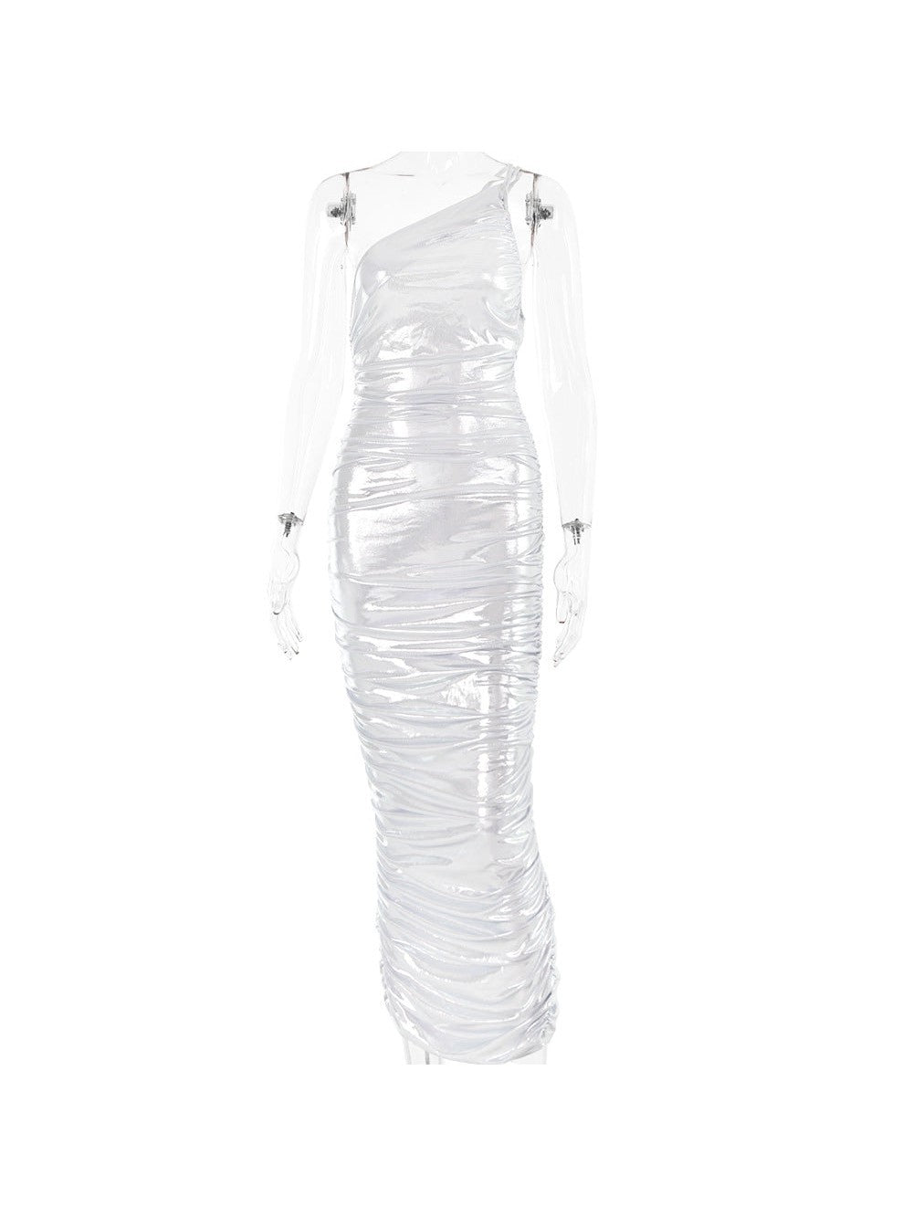 Metallic Coated One Shoulder Sheath Knitted Coated Dress