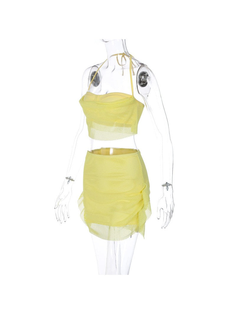 Elli Yellow Mesh Top & Two Piece Skirt Coord Set
