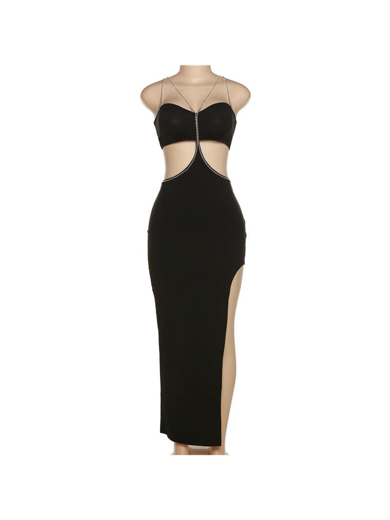 Rhinestone Suspenders Backless Hollow Out Slit Dress