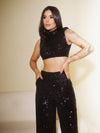 Sequins Sleeveless O Neck Short Top & Casual Trousers Coord Set