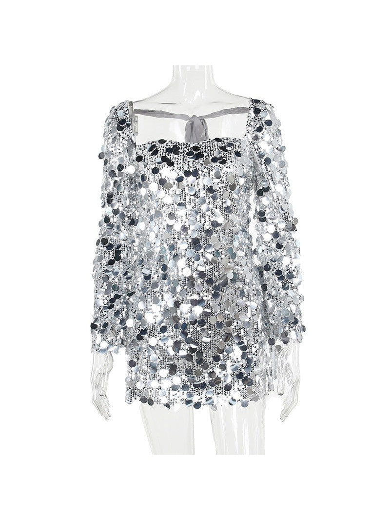 Square Neck Sequins Full Sleeve Backless Split Dress