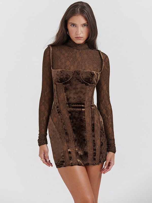 Velvet Patchwork Round Neck Long Sleeve Lace Dress