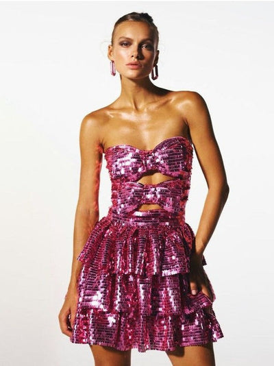Fuchsia Pink Cutout Tube Pleated Sequins Dress