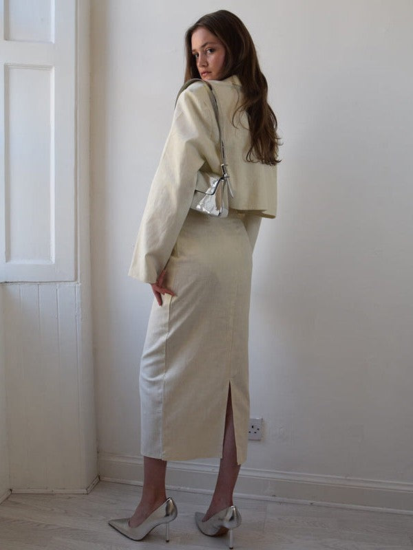 V Neck Short Blazer & Slit Skirt Coord Set