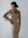 Square Neck Fishnet Embroidery Stitching Hip Dress