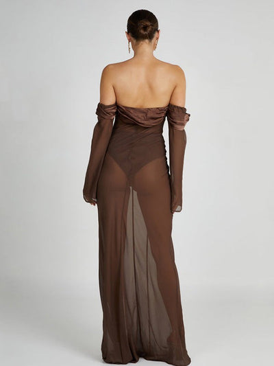 Off Neck Tube Top Long Sleeve See through Maxi Dress