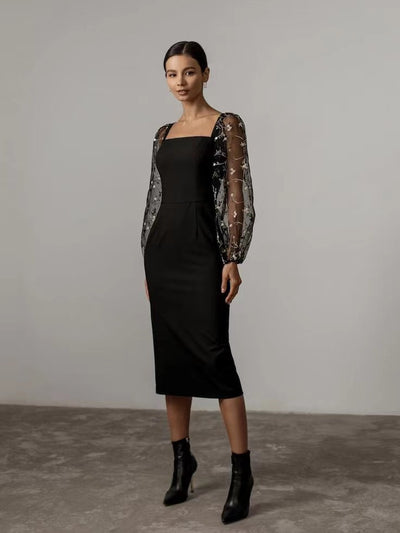 Square Neck Fishnet Embroidery Stitching Hip Dress