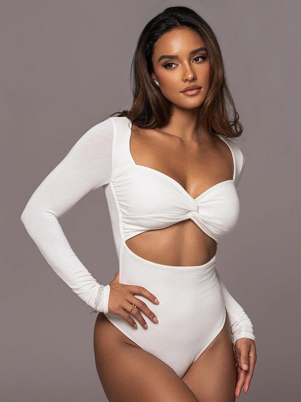V Neck Long Sleeve Hollow Out Cutout Cropped Bodysuit