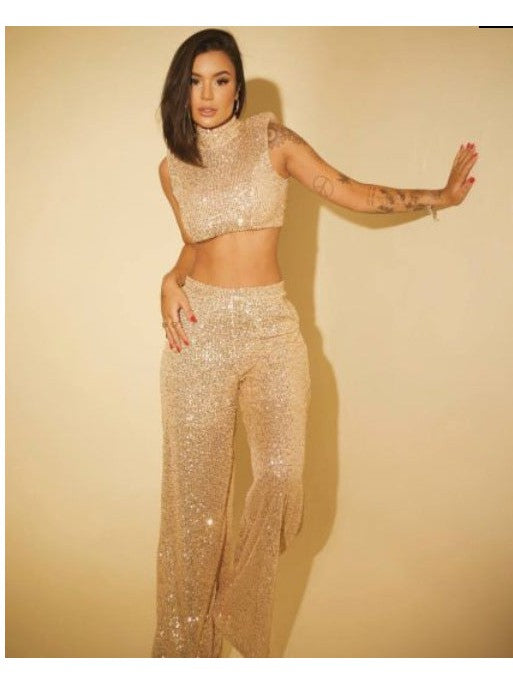 Sequins Sleeveless O Neck Short Top & Casual Trousers Coord Set