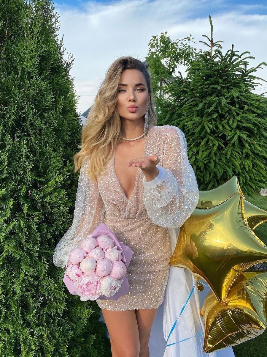 Lantern Sleeve Sequins Beaded V Neck Hip Dress