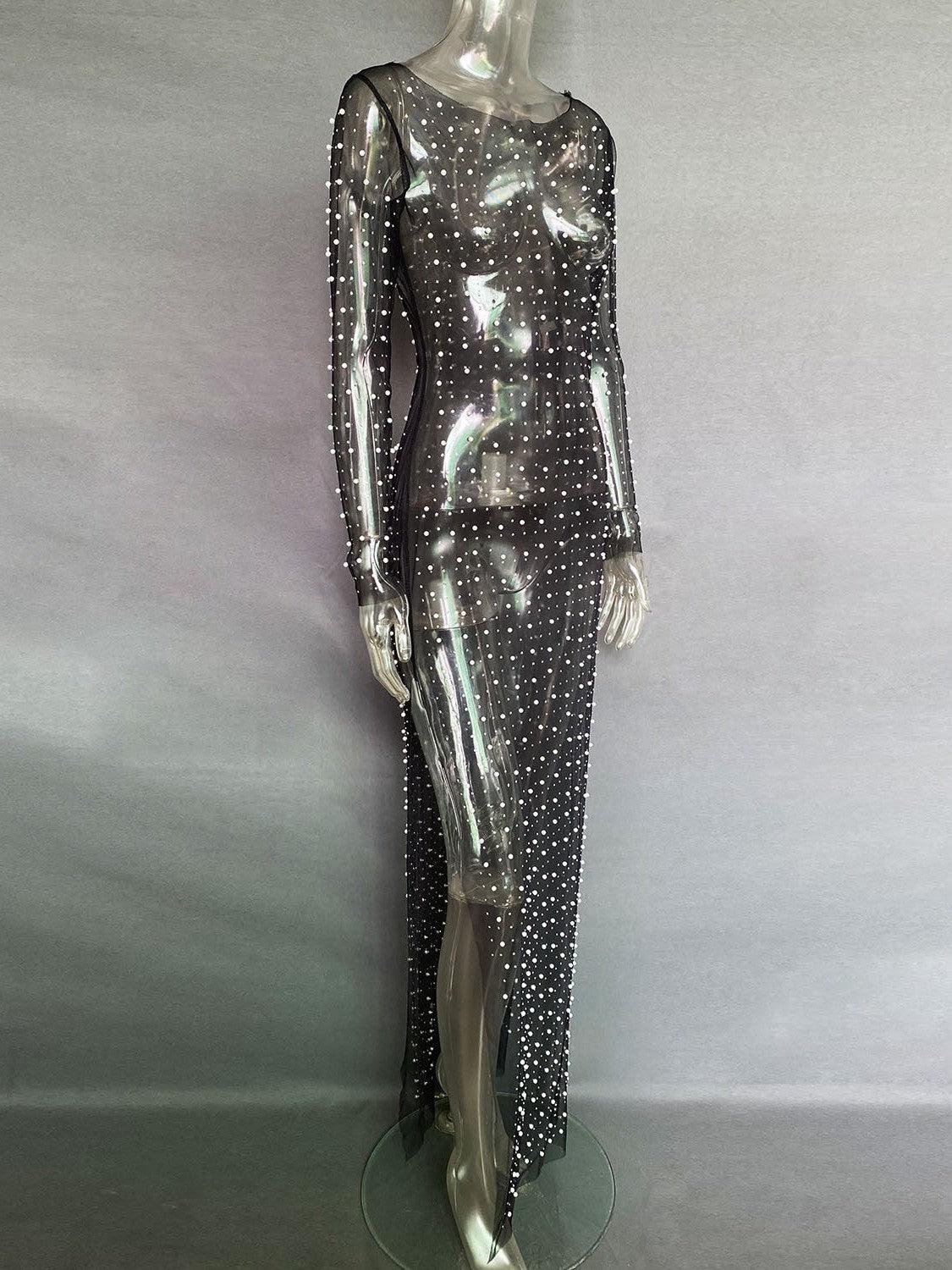 Beaded Mesh See Through Maxi Dress