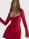 Square Neck Lace Stitching Long Sleeve Tied Chest Wrapped Dress