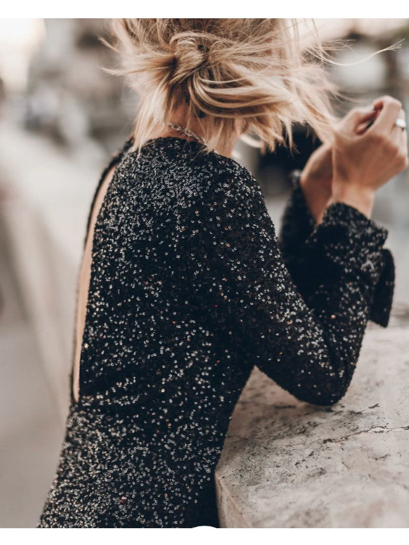 Sequins Atmosphere Shiny Backless Long Sleeves Dress