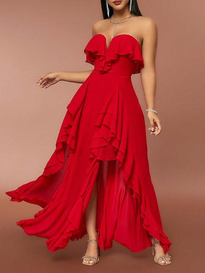 Red Ruffle  Tube Top V neck Flounce Backless Evening Dress