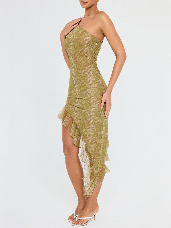 One Shoulder Mesh Stitching Hip Dress
