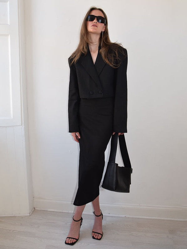 V Neck Short Blazer & Slit Skirt Coord Set