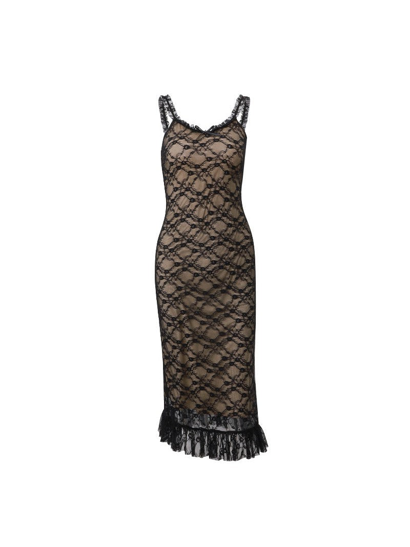 V Neck Lace Mesh Patchwork Dress