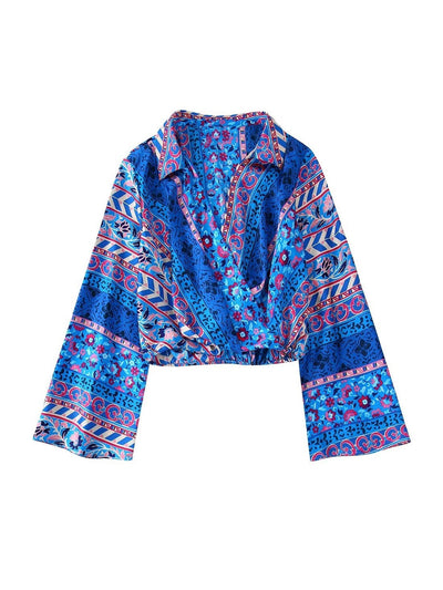 Printed Cozy Cropped Blouse and High Elastic Waist Wide Leg Pants