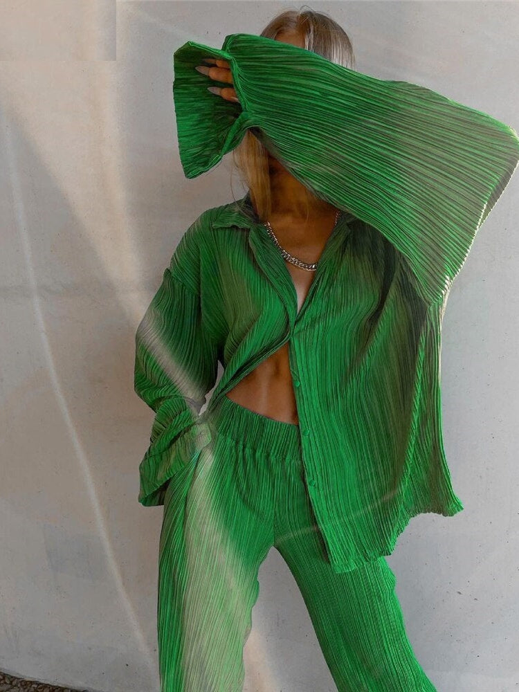 Oversized Pleated Shirt & Pants Elastic Waist Set