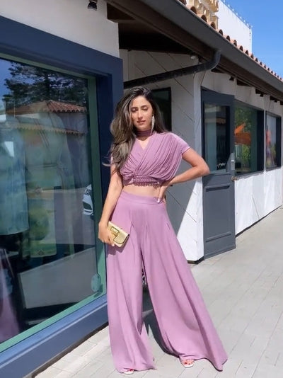 Pink Studded Crop Top & Palazzo Pants Satin Co-Ord Set