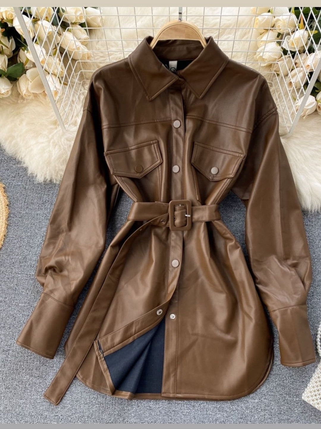 PU Leather Jacket Dress with Belt