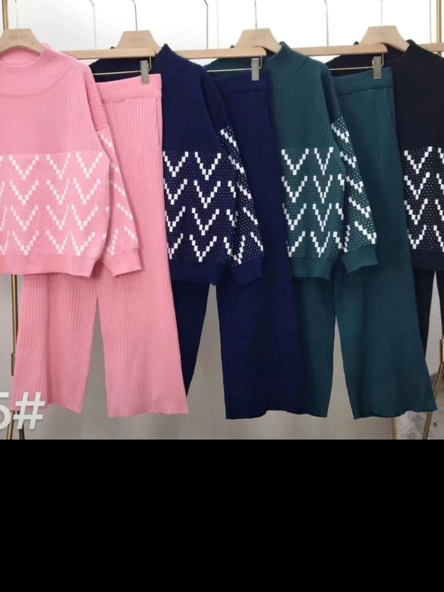 Turtleneck Top Jacquard Wide Leg Pants Set - Winter