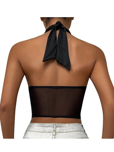 Black Halter Mesh Corset Top