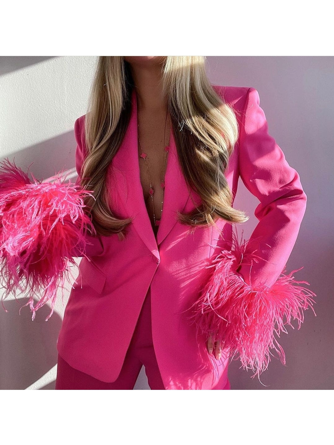 Feather Sleeves Blazer & Pants Coord Set