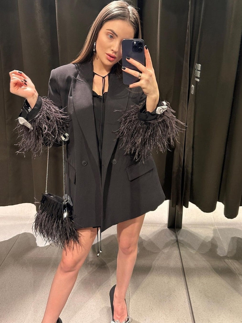 Black Feather Sleeves Blazer Dress