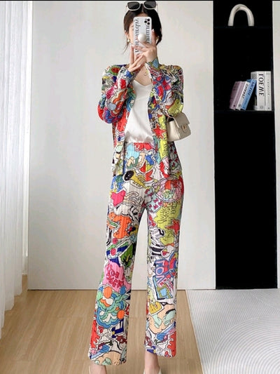 Graphic Print Pleated Blazer & Pants Coord Set