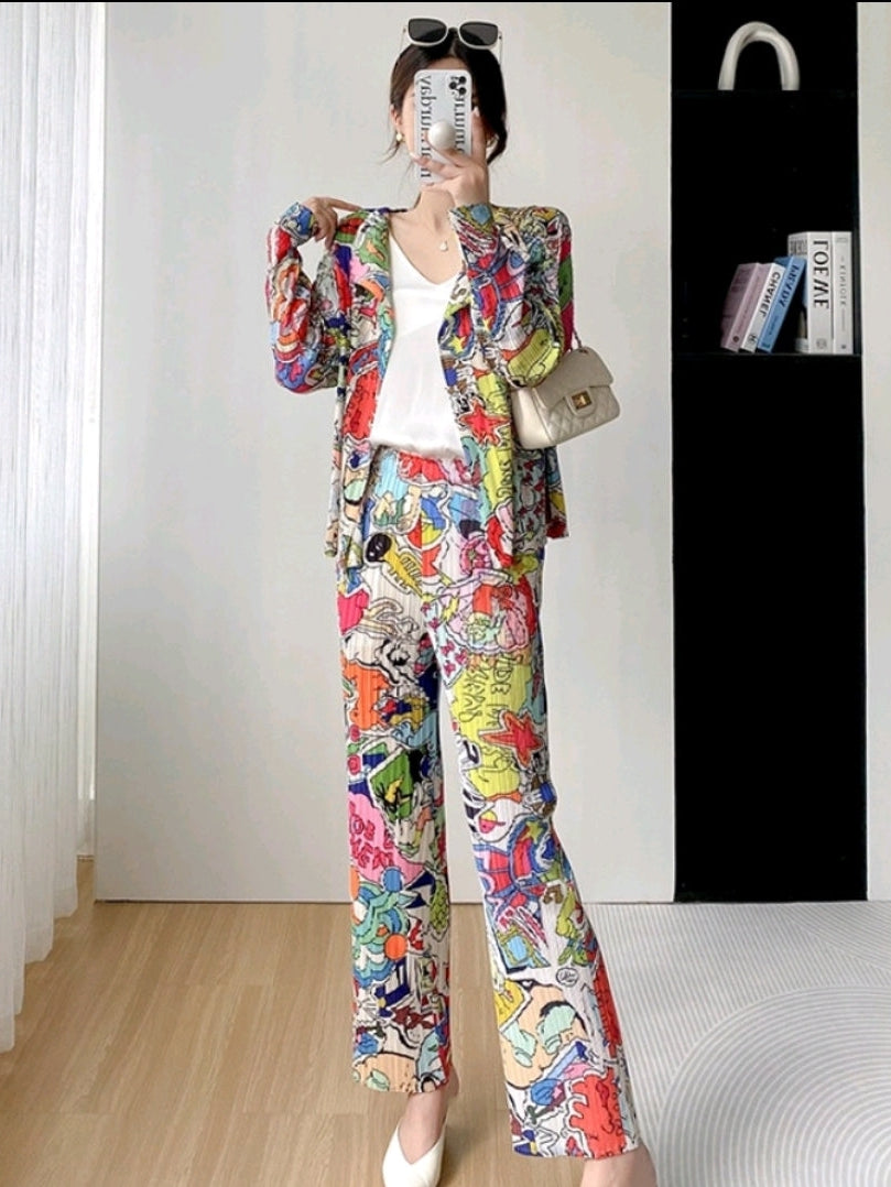 Graphic Print Pleated Blazer & Pants Coord Set