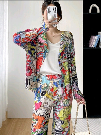 Graphic Print Pleated Blazer & Pants Coord Set