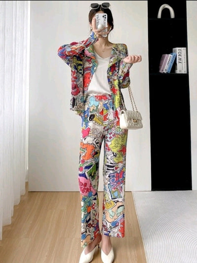 Graphic Print Pleated Blazer & Pants Coord Set