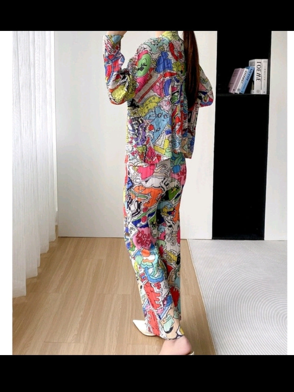 Graphic Print Pleated Blazer & Pants Coord Set