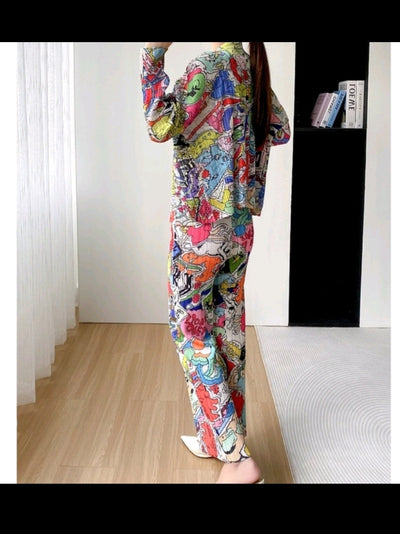 Graphic Print Pleated Blazer & Pants Coord Set