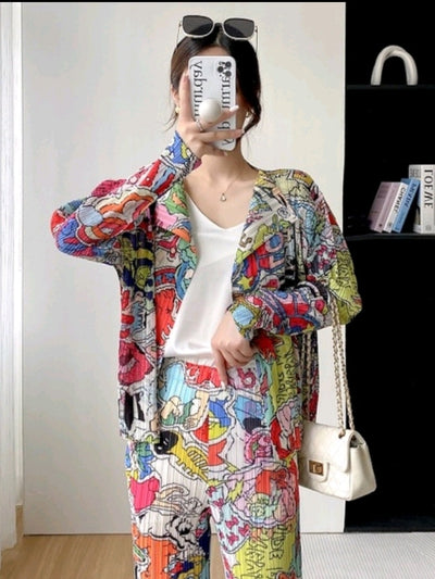 Graphic Print Pleated Blazer & Pants Coord Set