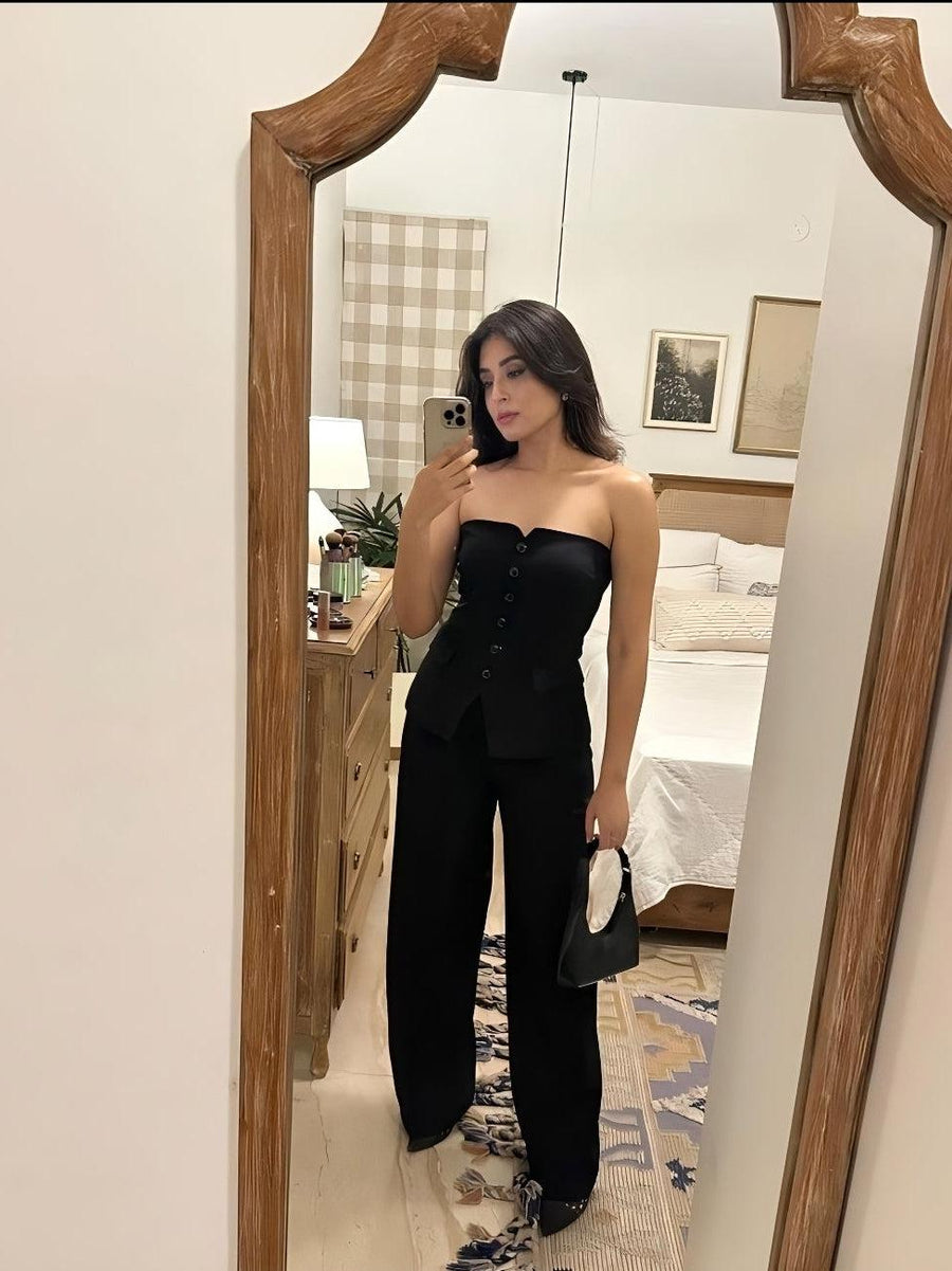 Black Corset Tube Top & Wide Leg Pants Coord Set