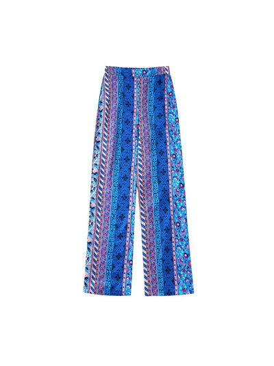 Printed Cozy Cropped Blouse and High Elastic Waist Wide Leg Pants